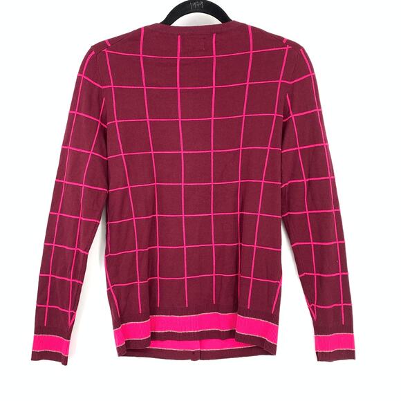 Merona Crew Neck Cardigan Sweater Womens M Two Tone Pink Maroon Grid Print NEW - Picture 2 of 8